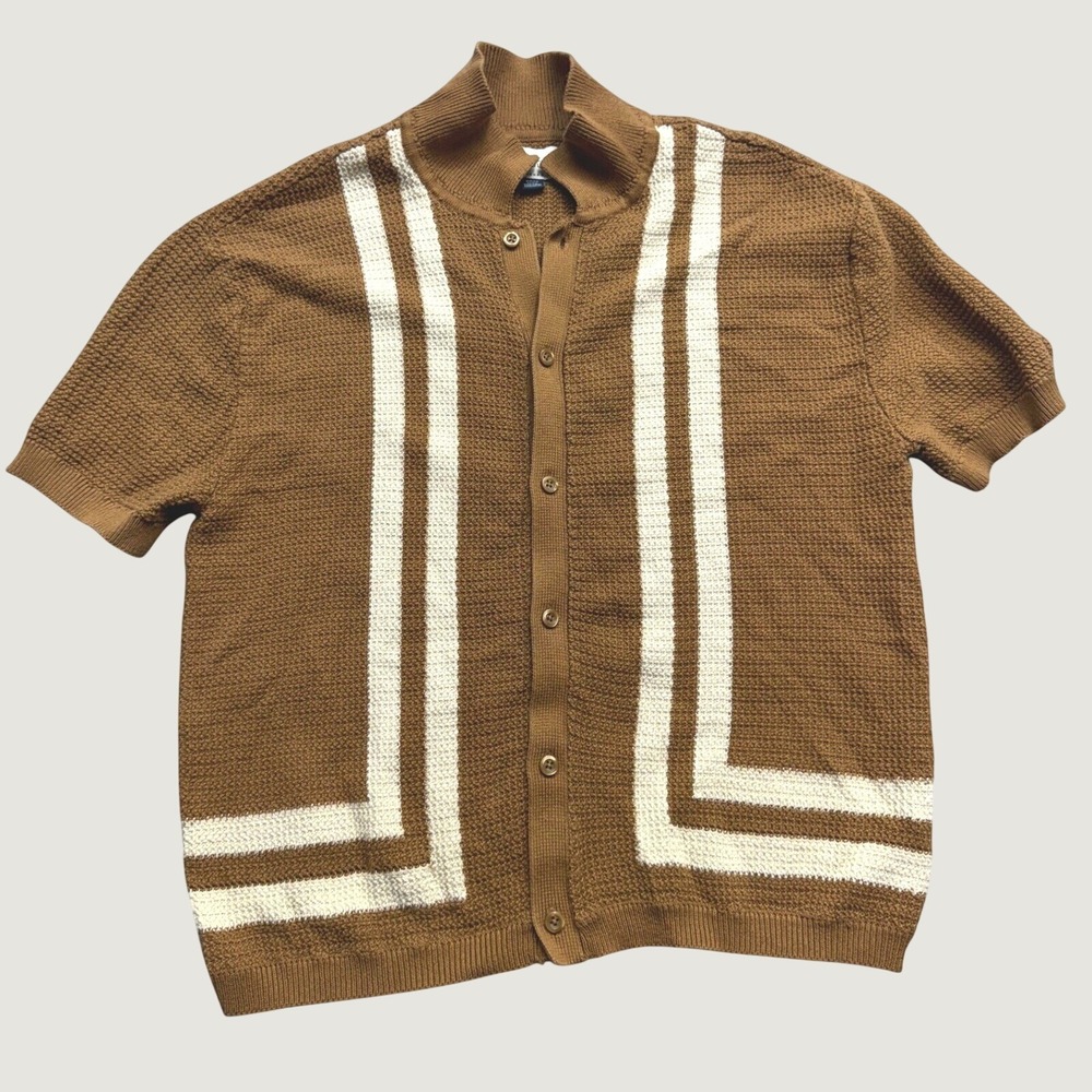 American Eagle Mens Brown Striped Short Sleeve Button Up Cardigan Sweater Small